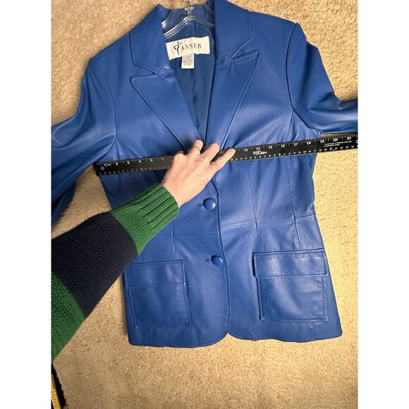 Vtg Y2K Bright Blue Genuine Leather Blazer Jacket Women's Sz 10 2 Button Peplum - Picture 13 of 16